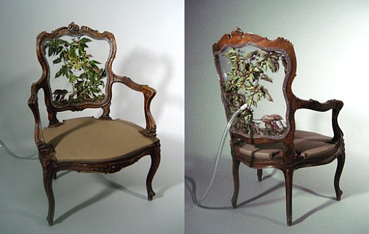 analog media lab chair 1 Chair I: Rococo Armchair Retrofit, Chair II: Ghost Chair Retrofit, Analog Media Lab, green furniture, living furniture, living seating, living chairs, plant chairs, bug chairs