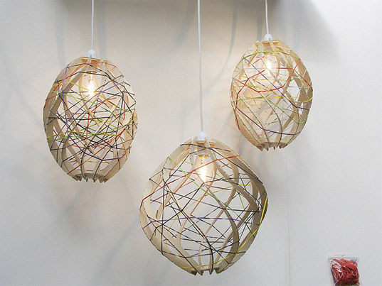 London Design Week, orchard studio, portable furniture, Recycled Materials, rubber bands, rubber band lamps, green lighting, eco lighting, green design