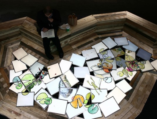 Yael Mer, Shay Alkalay, Bloomberg, recycled materials, wood pallets, raw edges, animation, Pond, art installations