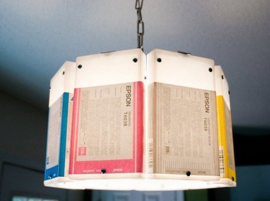 Recycled Ink Cartridge Chandelier recycled printer ink cartridge chandelier,recycled materials, recycled chandelier, green design, eco design, sustainable design, ink cartridge light, ink cartridge lamp, lowellandlouise, lowell and louise, green lighting