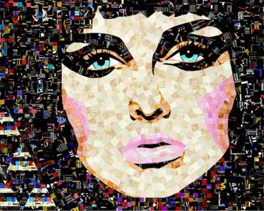 Junk Mail Portraits by Sandhi Schimmel Gold junk mail portraits, Sandhi Schimmel Gold, Mosaic portraits, recycled mosaic portraits, iconic portraits, recycled art, collage portraits, recycled collage