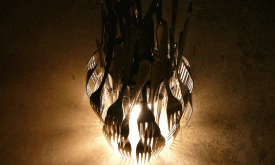 Upcycled Forkalier Lamp by Wendy Fok upcycled, We-Designs, Forkalier, LED, Light, Philips, contest, competition, Wendy Fok, architect, lampshade, books, fork, salvaged forks, reused utensils