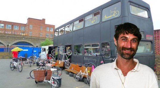the bicycle library, bicycle library, bike library, bike rental, green design, eco design, sustainable design, green architecture, eco architecture, rent a bike, repurposed double decker bus, recycled double decker bus, karta healy