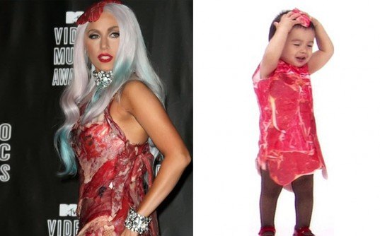 lady gaga meat dress goo-goo celebrity babywear line, gaga goo goo, gaga jimmy kimmel, gaga meat dress, gaga spook babywear, lady gaga, lady gaga babywear, meat dress, mini lady gaga outfit, mini meat dress