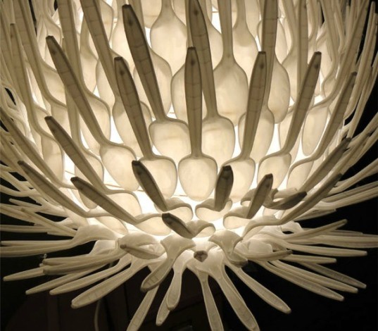 Coffee Lamps, Christian DuCharme, gallery laFayette, recycled filter lamps, recycled lighting art, spoon lamps, coffee filter art, coffee cup lamps, recycled lighting design