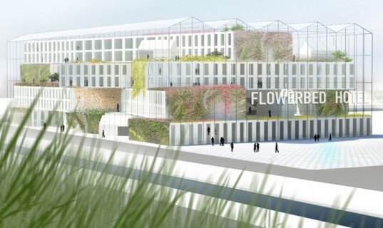 green design, eco design, sustainable design, MVRDV, Bloomin' Holland, Aalsmeer, Netherlands, FLowerbed Hotel, Greenhouse hotel, solar panel, wind power, living walls, indoor public garden