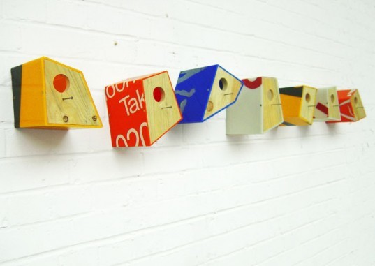pete marigold birdhouses sustainable design, Pete Marigold, eco bird houses, green birdhouses, sustainable birdhouses, salvaged shop sign birdhouses, birdhouses made from crates, birdhouses, recycled material birdhouses, green design, birdhouse design