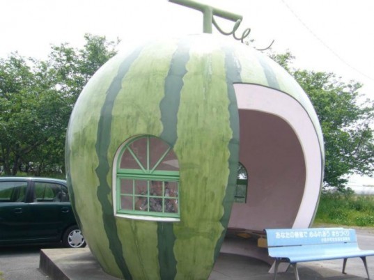 japanese design, fruit bus stops, isahaya city, quirky design, giant fruit bus stops, fairytale design, landscape architecture, fruit-inspired design