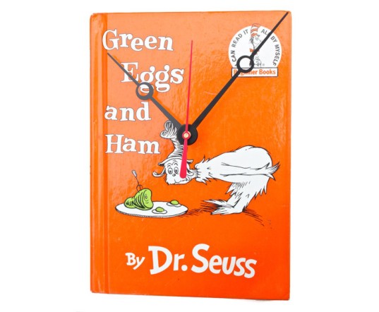 Vintage Book Clocks - Green Eggs and Ham vintage book clocks, recycled book clock, book clock, recycled book, green design, sustainable design, recycled materials, sustainable clock, eco clock, green interiors