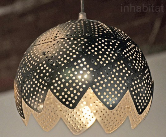 colander light, Nadia Belalia, colander lamp, green lighting, steampunk light,