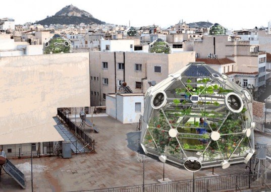 globe (hedron), geodesic dome, rooftop farm, rooftop greenhouse, roof garden, geodesic greenhouse