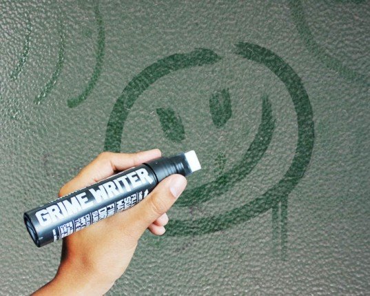 environmental art, green design, eco design, sustainable design, Grime Writer, reverse graffiti, negative graffiti, tagging, eco tagging, eco graffiti, street art, clean marker, eco art