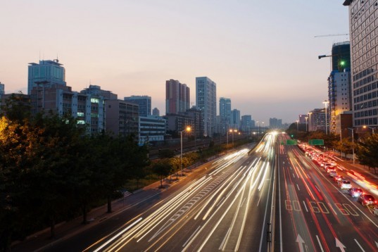 Guangzhou highway, long exposure, roadway, streaming lights, sunset, traffic