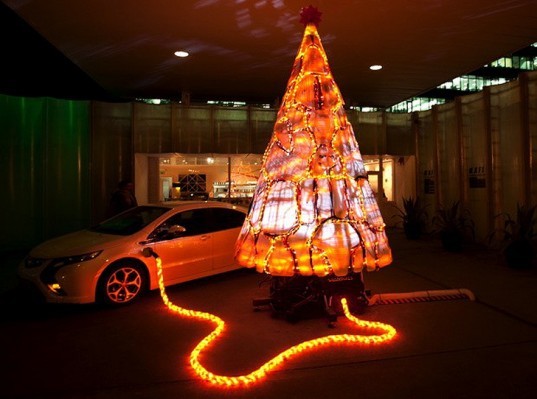 green design, eco design, sustainable design, Gary Card, Kings Cross FIlling Station, Upcycled christmas tree, Vauxhall, Vauxhall Ampera, electric car christmas tree