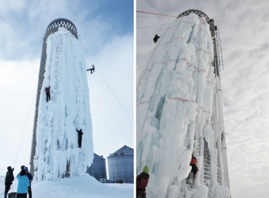 converted ice climbing wall, grain silo ice climbing, ice climbing, Iowa ice climbing, Don Briggs climbing wall, University of Northern Iowa, winter sports