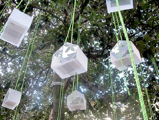 Didier Muller Livre Echange, free library, free city library, Didier Muller, Nathalie Faessel, House Work, French designers, book reading, suspended library, urban design, art installation, outdoor installation