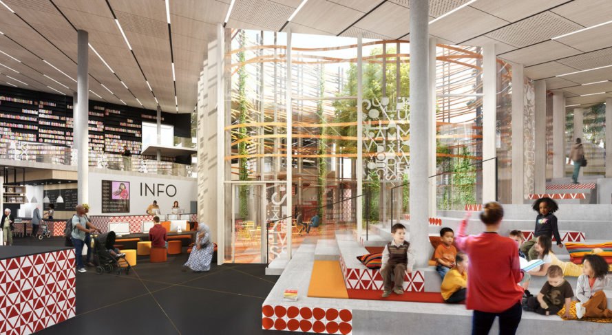 Bergsjön kulturhus, Sweco Architects, green roof, cultural center, Sweden, Gothenburg, green architecture, glass facade, atrium, public spaces, public square