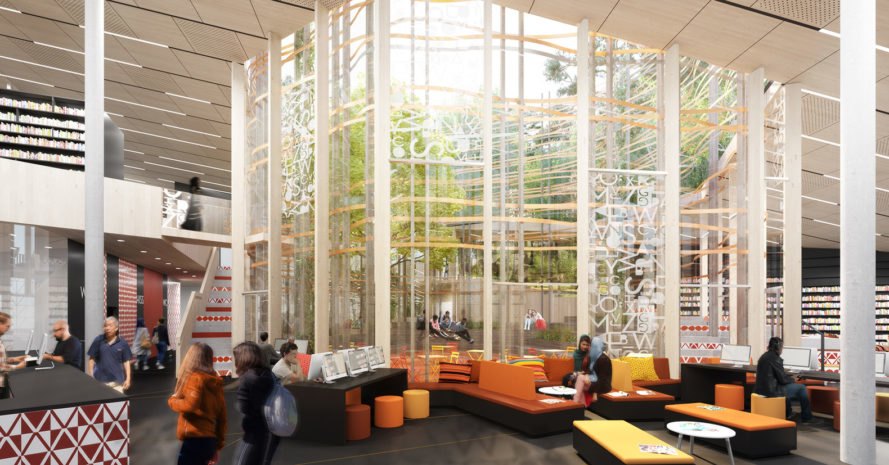 Bergsjön kulturhus, Sweco Architects, green roof, cultural center, Sweden, Gothenburg, green architecture, glass facade, atrium, public spaces, public square