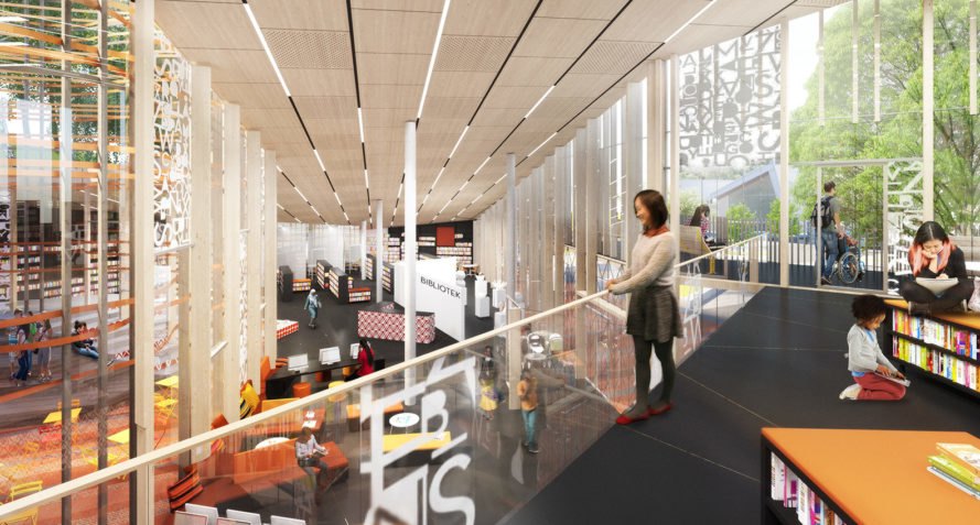 Bergsjön kulturhus, Sweco Architects, green roof, cultural center, Sweden, Gothenburg, green architecture, glass facade, atrium, public spaces, public square