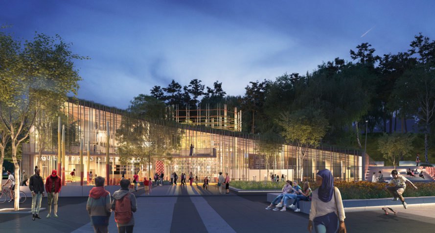 Bergsjön kulturhus, Sweco Architects, green roof, cultural center, Sweden, Gothenburg, green architecture, glass facade, atrium, public spaces, public square