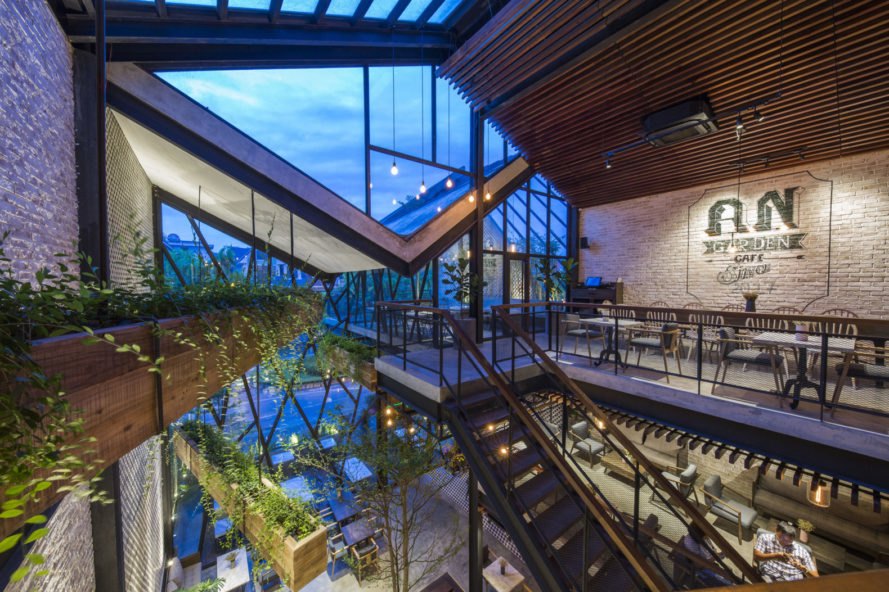 An’garden Café, coffee shop, handing plants, Ha Noi, Vietnam, cement, mezzanine, natural light, indoor pond, green interior, green architecture, industrial architecture