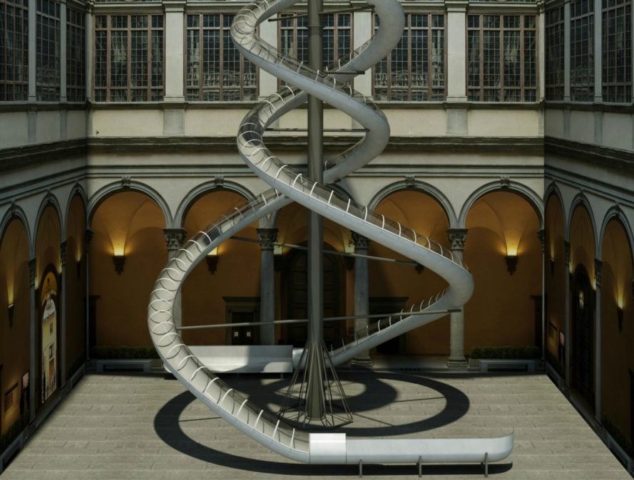 Carsten Höller, the Florence Experiment, giant slide installation, plant art, art installation italy, art installation florence, artist who uses slides, german artists, slide art, interactive art, relationship between art and humans, research art, contemporary artists, contemporary art, art and science, Carsten Holler latest exhibition, plant research, are plants affected by human emotions, plant experiments
