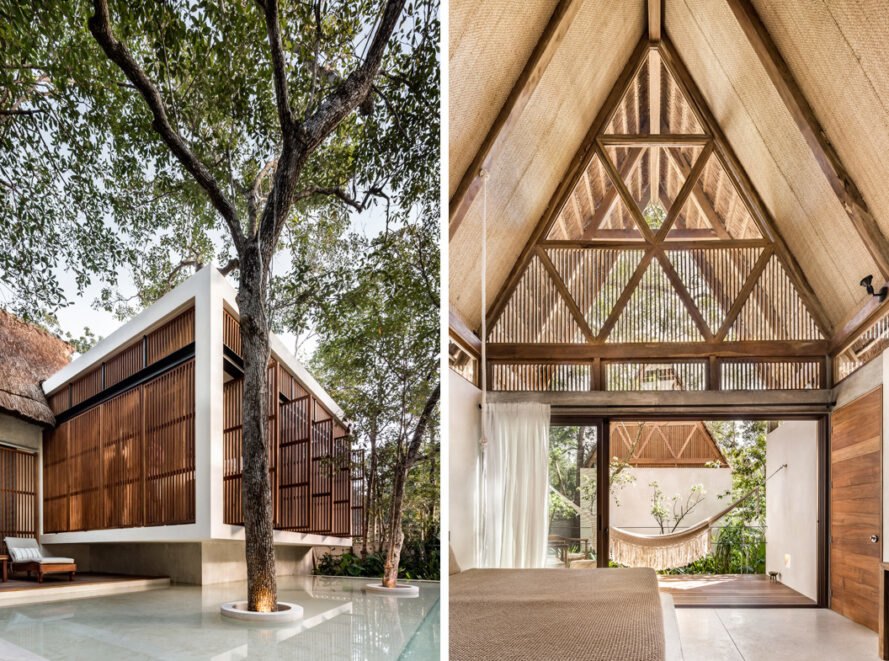 white hotel with wooden screens
