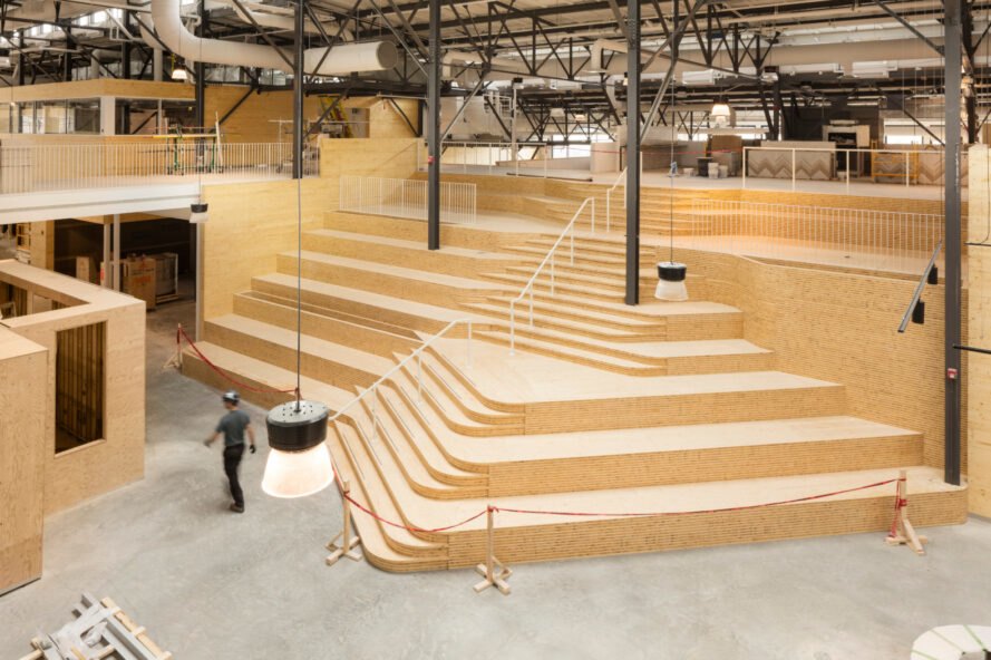 indoor public market with massive wood staircase