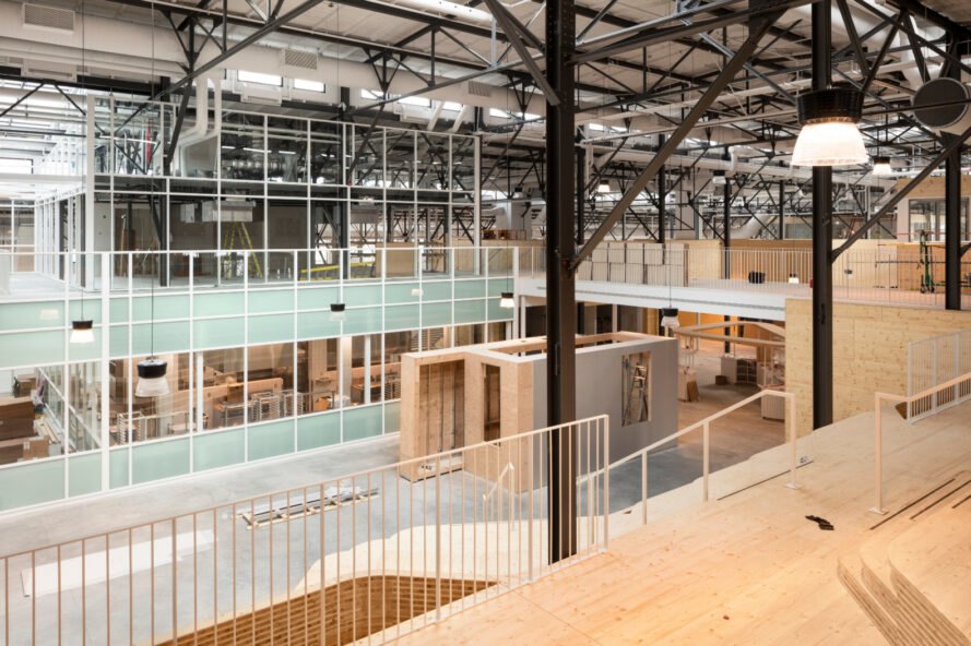 wood mezzanine level overlooking an indoor market