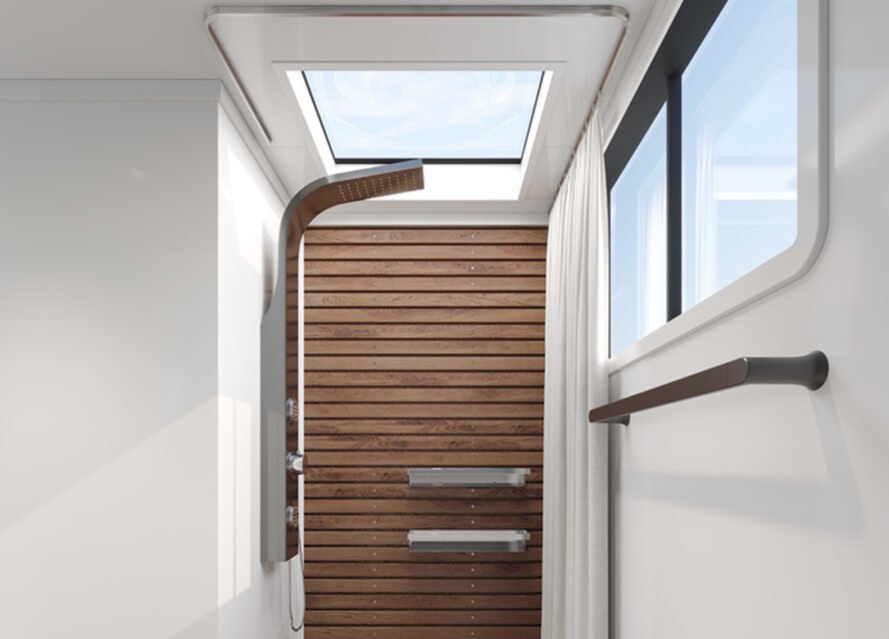 wood-lined shower with skylight in an rv