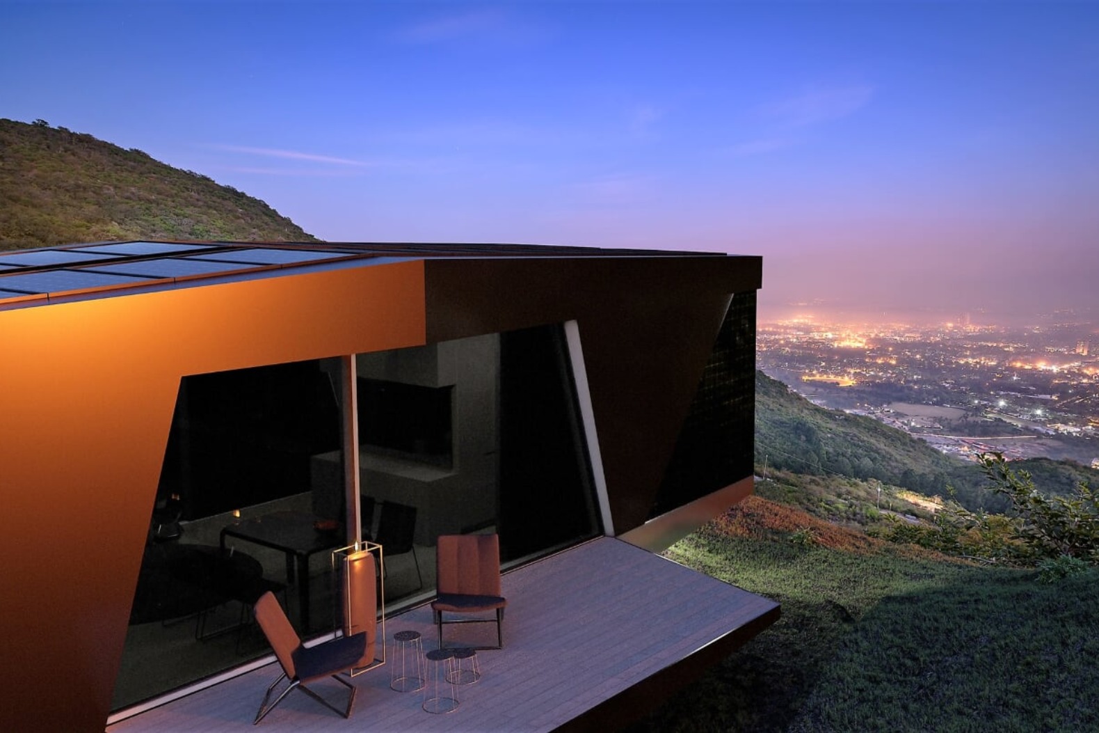 elongated tiny home with outdoor deck