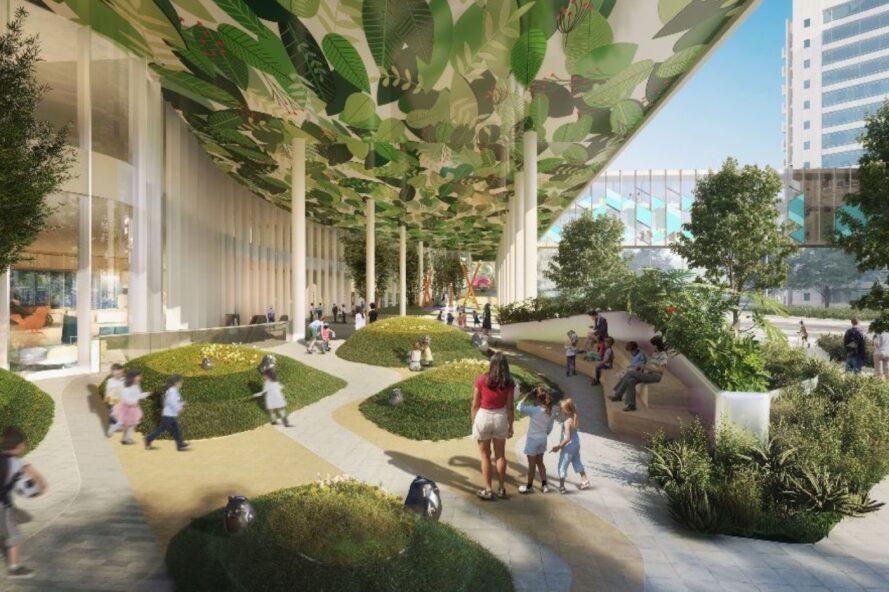 rendering of covered park and playground area in a hospital