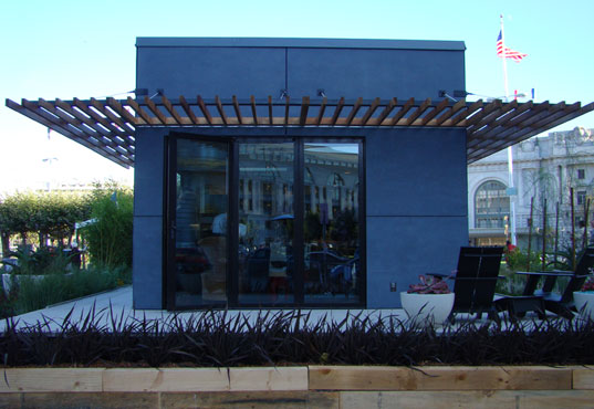 MK Lotus House, rainwater catchement, rainwater collection pond, West Coast Green, Michelle Kaufmann, prefab green home, green prefab house, net zero energy house, prefab home on lawn of San Francisco City Hall