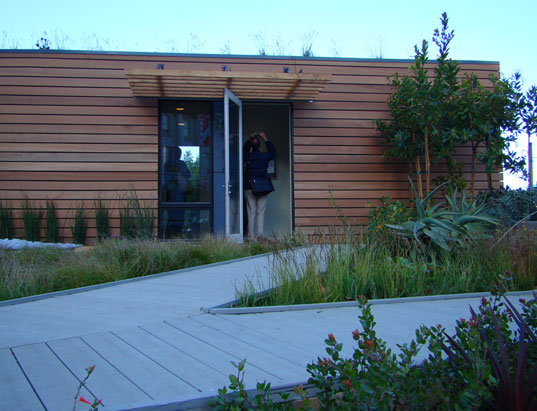 MK Lotus House, rainwater catchement, rainwater collection pond, West Coast Green, Michelle Kaufmann, prefab green home, green prefab house, net zero energy house, prefab home on lawn of San Francisco City Hall