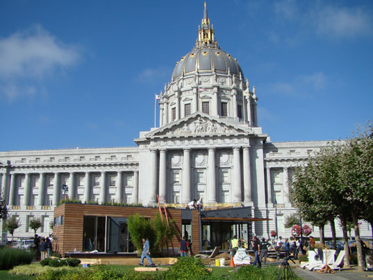 MK Lotus House at West Coast Green, designed by Michelle Kaufmann, prefab green home, green prefab house, net zero energy house, prefab home on lawn of San Francisco City Hall