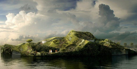 sustainable design, green design, island spa, anne holtrop, floating architecture, green walls, garden, botanical, green building