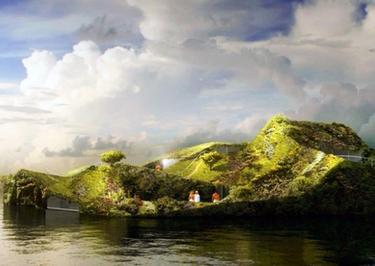 sustainable design, green design, island spa, anne holtrop, floating architecture, green walls, garden, botanical, green building