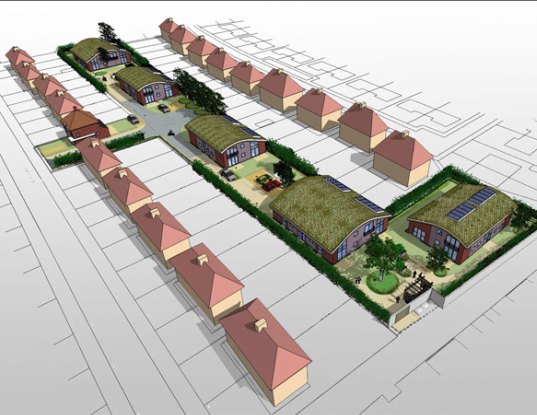prefab, prefab friday, sedum, green roof, living roof, solar energy, photovoltaics, daylighting, affordable housing, low income housing, london, UK, hillingdon, Birchway, Birchway Eco Community, sustainable building, eco design, green design