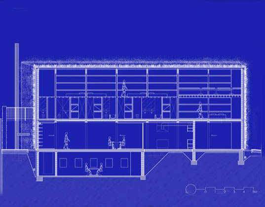 vertical garden plans and sections, green roof house, large glass facade, living building, living house, milly film section