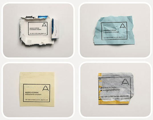 economical business card design, ecological business card, recycle scrap paper, green marketing, green design, Andrea Romani, minimalist design, industrial graphic, stamp, self-inking stamp, affordable design, sustainable contact card