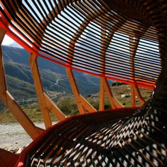wooden structure, zermatt, switzerland, matterhorn, viewing structure, spiraling structure, alice studios, sustainable design, green design, green architecture