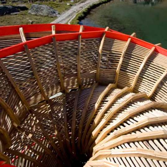 wooden structure, zermatt, switzerland, matterhorn, viewing structure, spiraling structure, alice studios, sustainable design, green design, green architecture