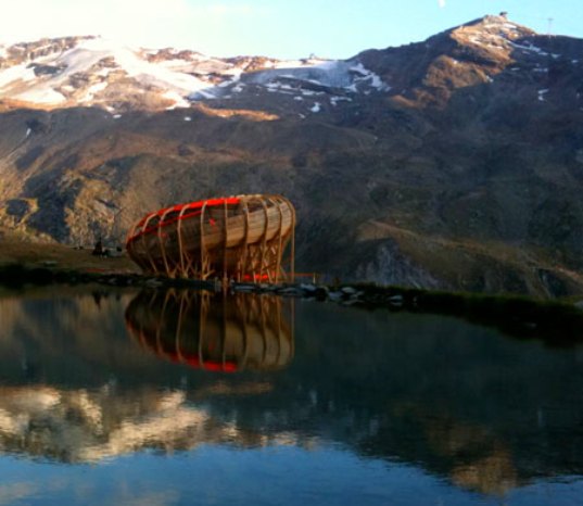 wooden structure, zermatt, switzerland, matterhorn, viewing structure, spiraling structure, alice studios, sustainable design, green design, green architecture