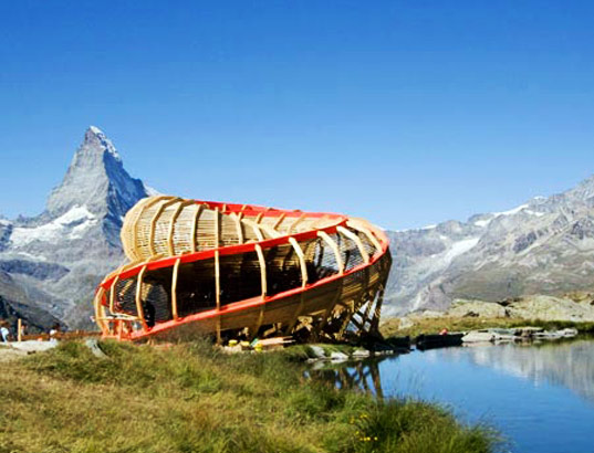 wooden structure, zermatt, switzerland, matterhorn, viewing structure, spiraling structure, alice studios, sustainable design, green design, green architecture
