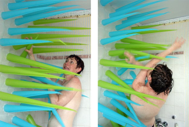 eco warrior, eco warrior shower curtain, water saving, water saving devices, drought, shorter showers, preventing water waste, spiky, spiky shower curtain, spiky shower, fighting waste, fighting water waste