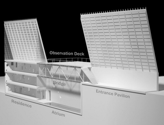 Conceptual architectural design, green building, sustainable design, sky bridge, Montana home