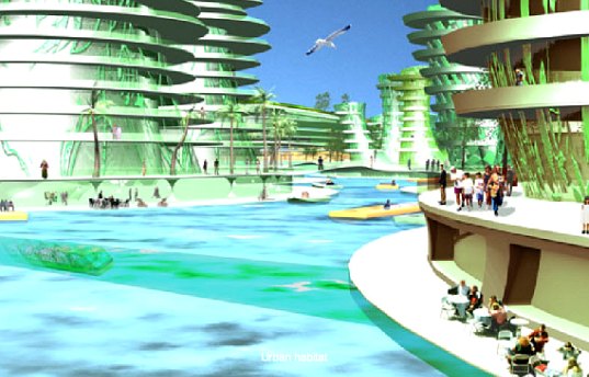 recycled island, pacific gyre, gyre, floating plastic, pacific ocean, recycled materials, floating island, island, climate refugees, whim architects, self-sufficient, renewable energy, solar power, wave power, farming, aquaculture, seaweed, food production, eco design, green design, sustainable building, concept