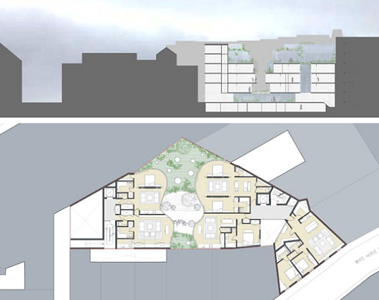 london, apartment, urban infill, urban design, apartment development, vertical garden, garden, open space, daylighting, natural ventilation, vertical garden, eco design, green design, studio seilern, whitehorse street apartments