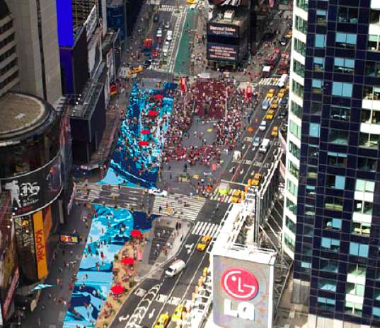 times square, new york city, nyc, broadway, pedestrian, pedestrian friendly, urban space, public space, installation, molly dillworth, cool water hot island, pour painting, urban heat island effect, manhattan, green design, eco design,