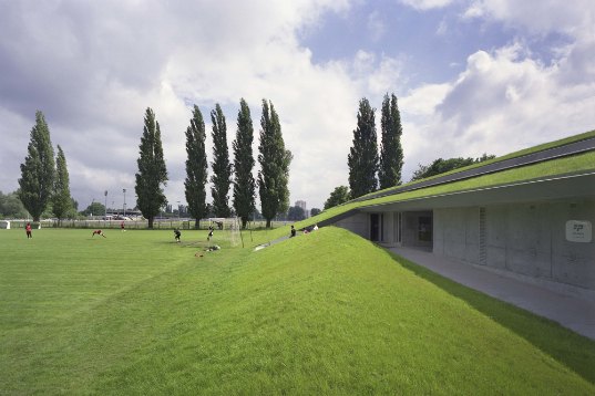green roof, soccer facility, football, chartier-corbasson, france, green design